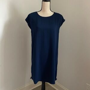 Naked Zebra Side Zip Midi Dress sz Medium Navy Blue Cap Sleeve Preppy Clean Girl